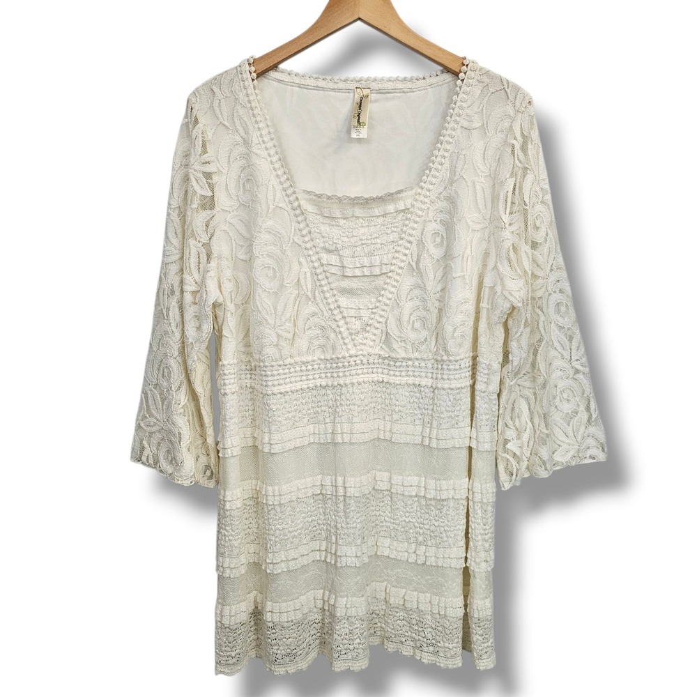 Ivory Lace Tunic Top 2X Womens Floral Tiered Boho Ethereal Cottagecore Coastal